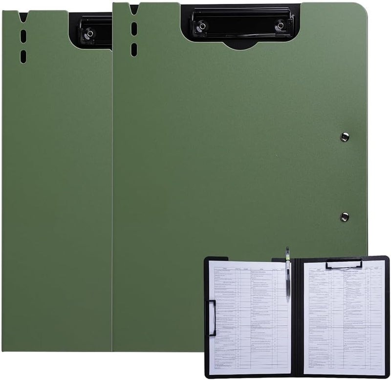 FRETONBA Clipboard Folder, 2 Pcs A4 Foldable Clipboard with Horizontal and Vertical Double Metal Clips, 360 Degree Foldable Binder Clipboards with Pen Holder, File Cover Work Folder Clipboards, Green - Image 1